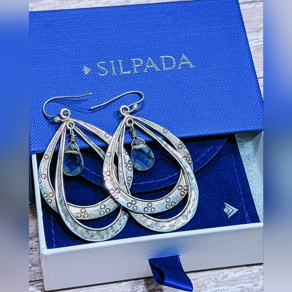 Silpada Double Sterling Silver Textured Hoops with Clear Glass Drops W1681 - Picture 7 of 7